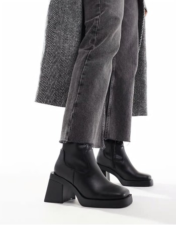 Wide Fit Rome square toe mid-heel platform boots in black