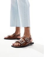slingback chunky patent sandal with contrast stitch in brown