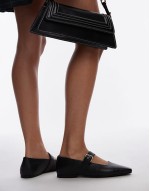 Cyndi leather square toe ballet flats with buckle detail in black