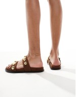 gold shell embellished double strap flat sandals in faux suede brown